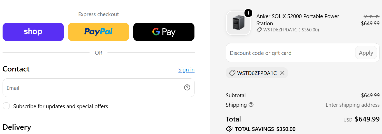 Use Anker SOLIX Coupon Code and Get $350 OFF on Selected Power Stations coupon code test proof