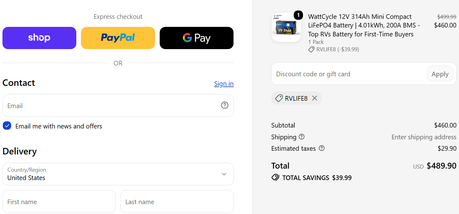 Get 8% Discount on RV Battery Collection using WattCycle Coupon Code {year} coupon code test proof